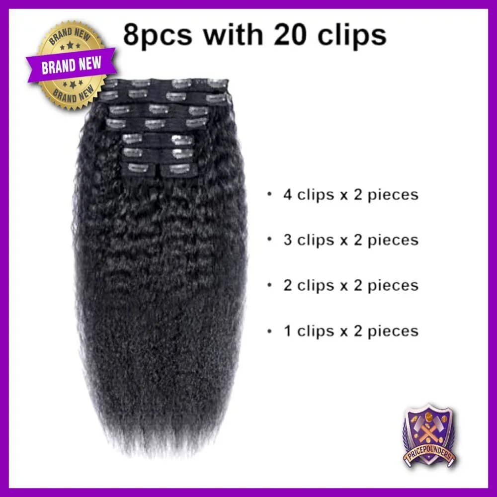 20 Inch Kinky Straight Clip In Hair Extensions, 8pcs 110g Human Hair